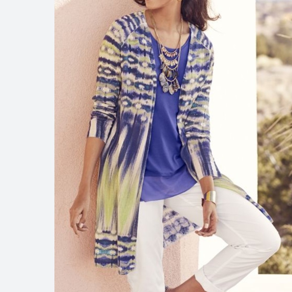 Chicos Linen Cotton Longline Colorful Longsleeve Lightweight Open Front Cardigan